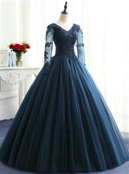 Picture of Charming Long Sleeves Navy Blue Tulle Party Gown, Navy Blue Prom Dresses